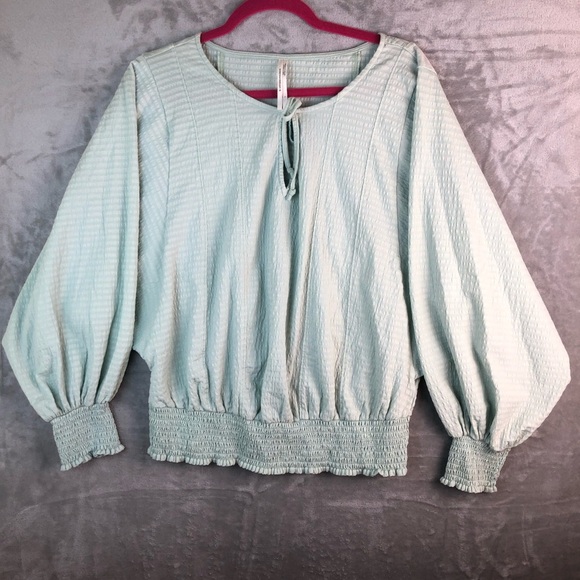 Anthropologie Rebecca Long Sleeve Smocked Waist Top Mint Green Size L - Picture 2 of 7